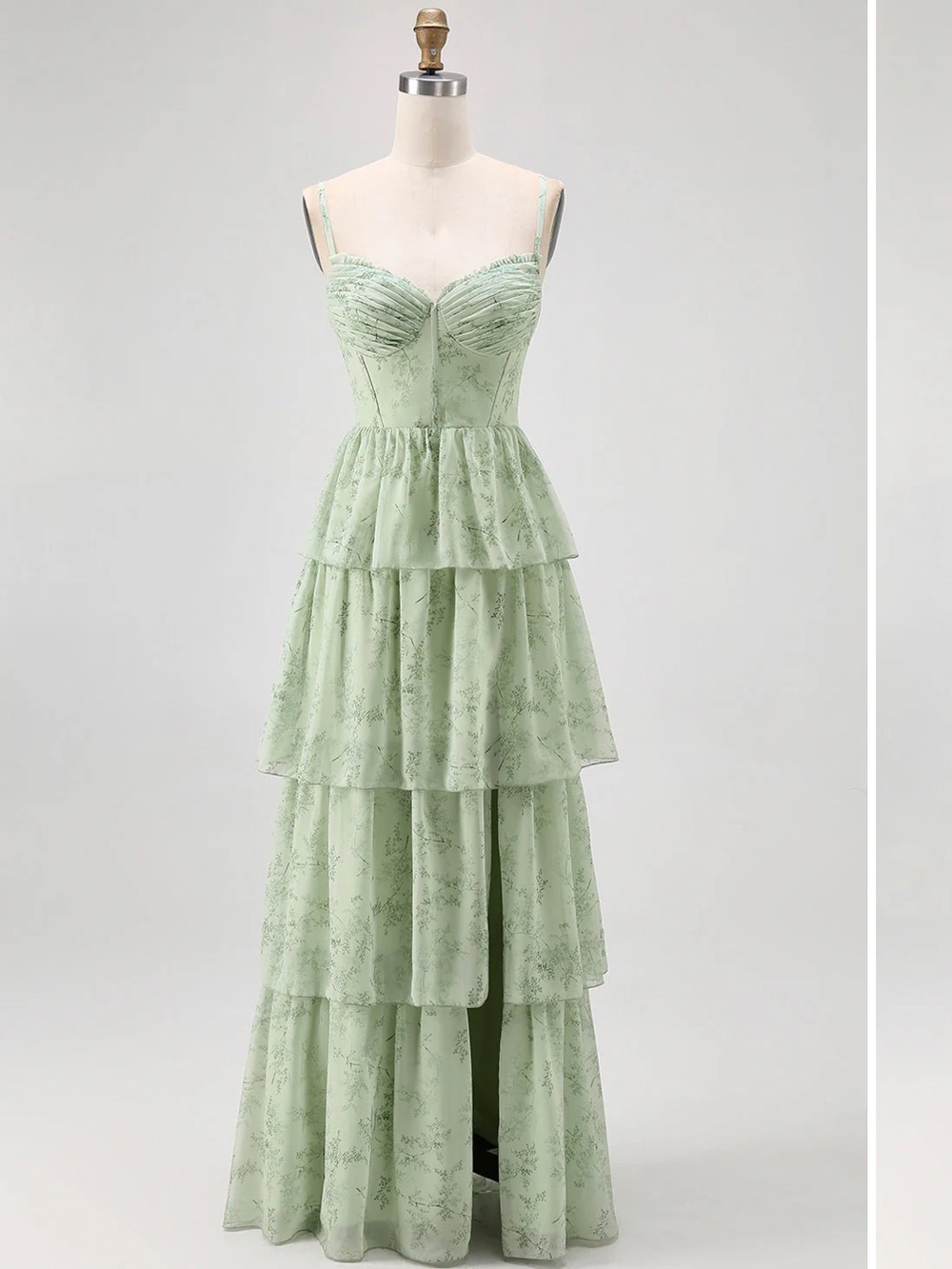 Dusty Sage A Line Corset Tiered Print & Floral Long Bridesmaid Dress with Slit